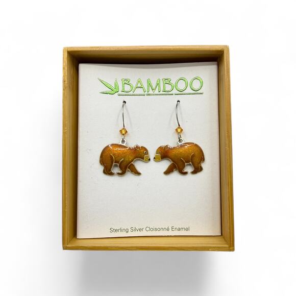 BAMBOO Jewelry - Brown Bear Dangle Earrings 925 Sterling Silver Artisan Cloisonne Enamel